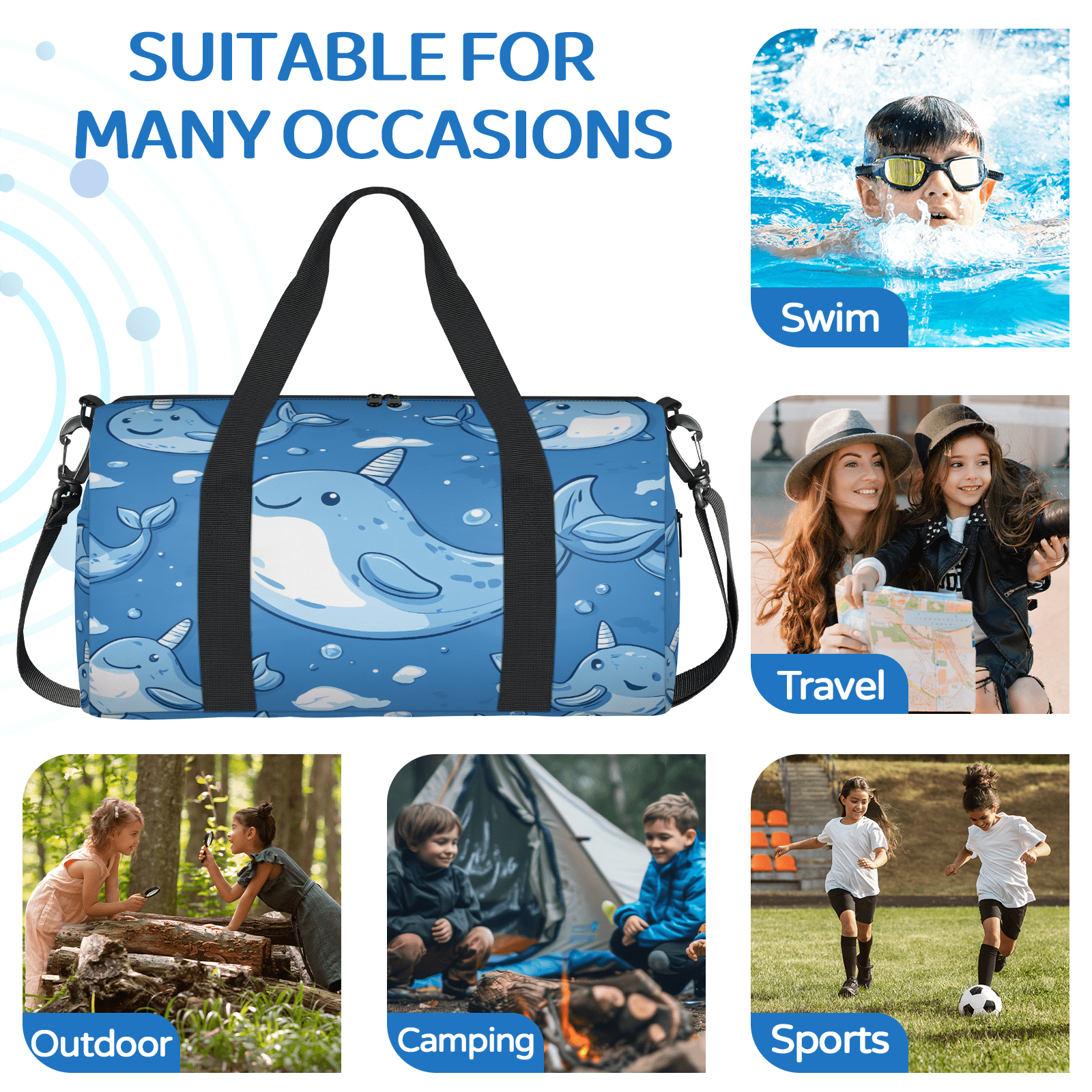 Herdesigns Funny Whale Gym Bag for Women, Duffle Bag for Travel Sport, Sea Animal Lightweight Waterproof Carry on Weekender Dance Yoga Workout Bags
