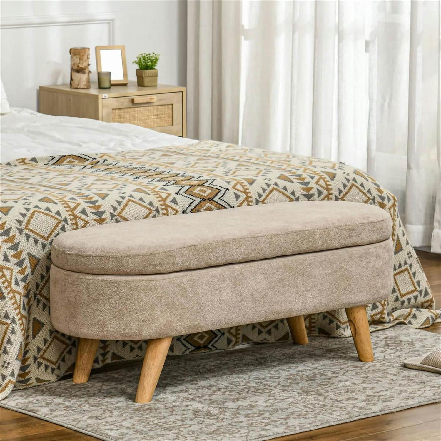 Demi Bonn 43" Upholstered Bed Bench with Wood Legs, Modern Ottoman Bench for Living Room, End of Bed Storage Footstool, Beige