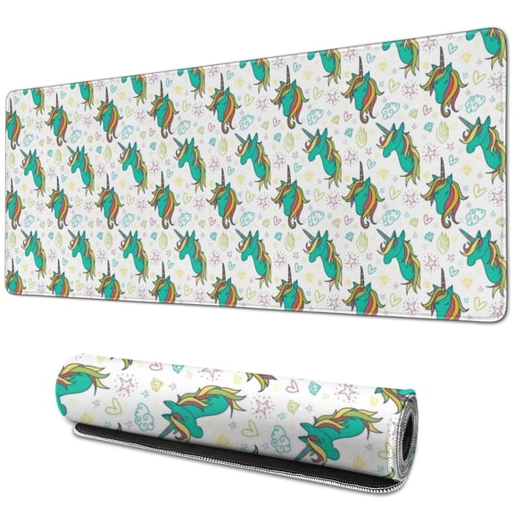 Long Mouse Pads for Desk,White Cartoon Unicorn Heart Star Pattern Desk Mats on Top Of Desks, Desk Mouse Pad Extra Large with 3mm Non-Slip Base and Stitched Edge for Gaming,Office,Work,Home 31.5"x11.8"