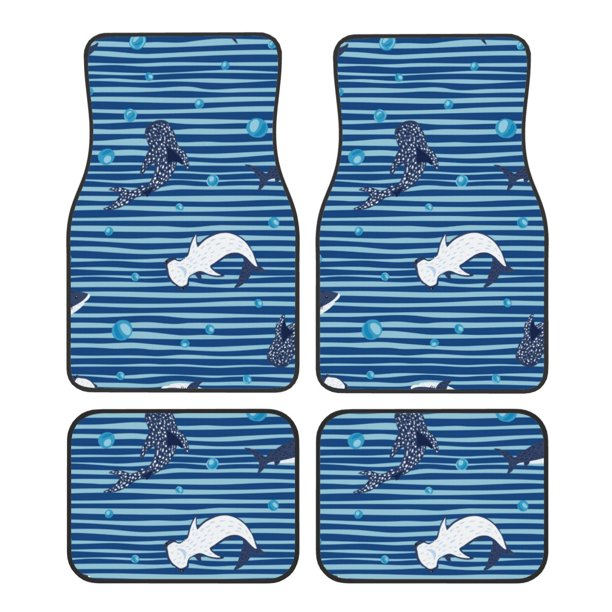 Fotbe Sharks on White Blue Striped Juego de 4 Tapetes para Auto con Estampado – Alfombrillas de Goma Reforzada, Diseño Antideslizante, Protección para Todo el Año – Vehículos, Autos, Camionetas y SUVs