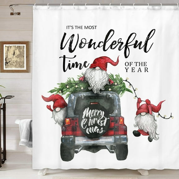 Farmhouse Christmas Trees Truck Gnome Shower Curtain, Cute Elf Tree Black Red Buffalo Plaids Rustic Truck Shower Curtain for Bathroom, It's The Most Wonderful Time of The Year Shower Curtain 70X70IN