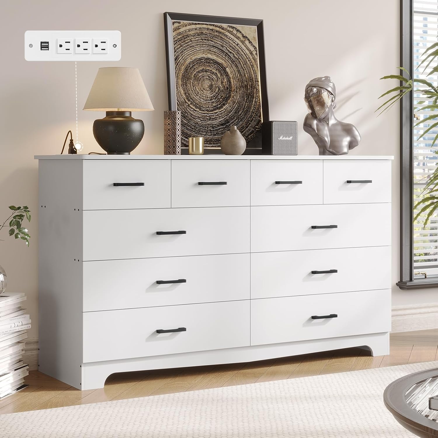 White Dresser with 10 Drawers for Bedroom, 55.1'' Chest of Drawers Storage Cabinets, Wood Long Dresser TV Stand for Living Room, Modern Clothes Closet Organizer with Metal Handles