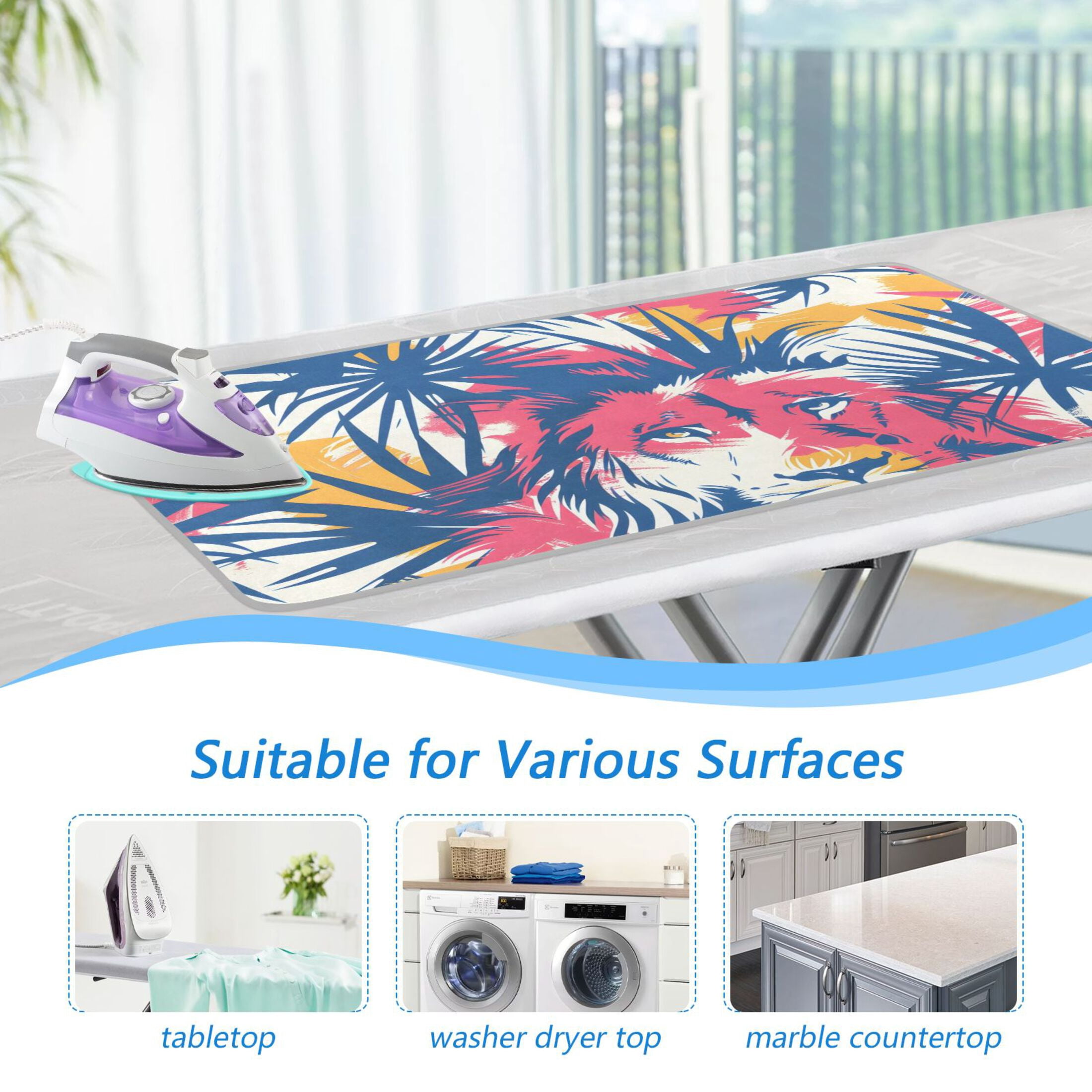 Lion Behind Colorful Palm Leaves Ironing Mat Blanket Portable Travel Ironing Pad Heat Resistant Pad 47.2" x 27.6”