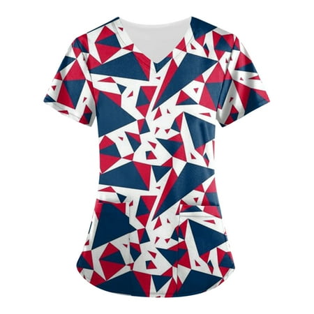 

Sksloeg Independence Day Scrub Top for Women American Star Stripes Pattern Patriotic Top Comfortable Easy Workwear V-Neck Short Sleeve Scrub Top with Pockets Dark Blue XXXL