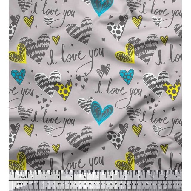 Soimoi Grey Poly Georgette Fabric Heart & I Love You Text Print Sewing Fabric Yard 52 Inch Wide