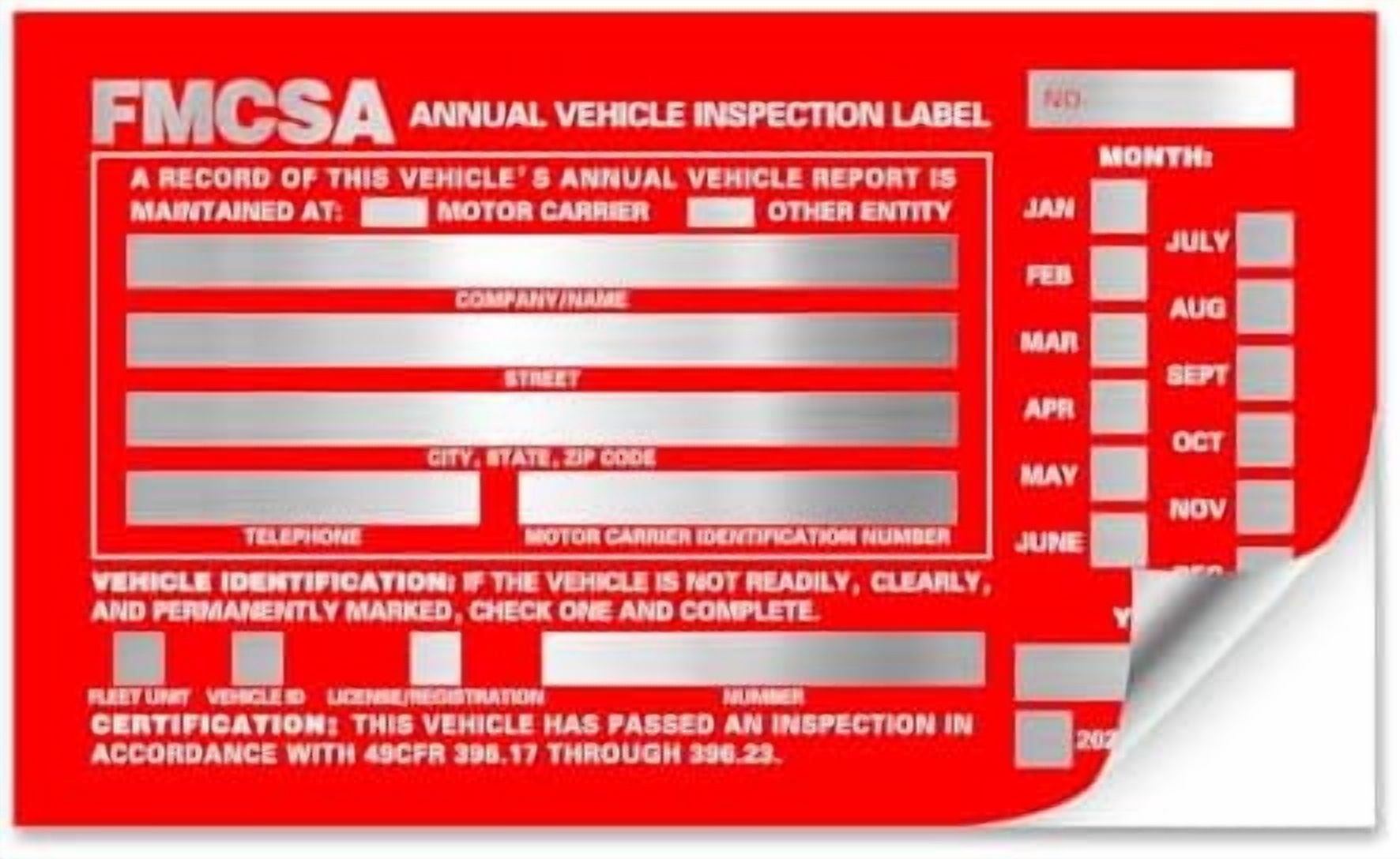 Annual Vehicle Inspection Report Form 25-pk 3-Ply Carbonless, 8.5" x 11.75" + Label Aluminum, Permanent Adhesive 6" x 3.5"