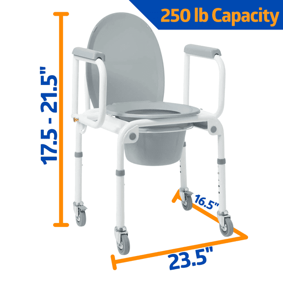 Medline Bedside Commode with Drop Arm, Portable Toilet, Sturdy, 350 lb Weight Capacity, Steel, Gray, Wheels
