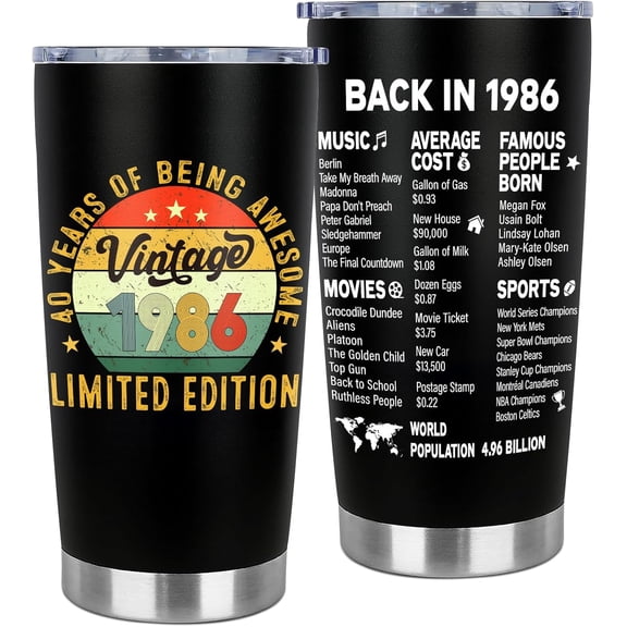 40th Birthday Gifts for Men Women - 1986 40th Birthday Decorations Gifts For Him Her - 40 Year Old Birthday Gift for Men Women Turning 40 Gift Ideas - 20oz Tumbler (1986 Black)