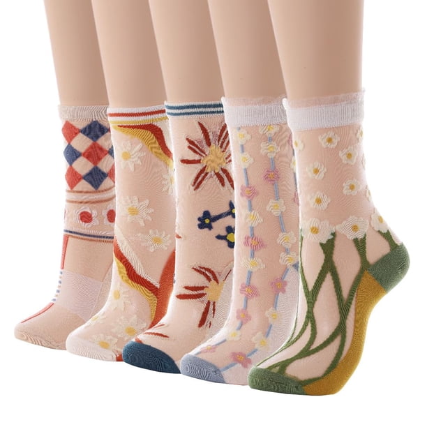 Calcetines transparentes con flores, calcetines tobilleros transparentes de encaje, calcetines transparentes de malla, medias cortas de seda para mujeres y niñas (5 pares)
