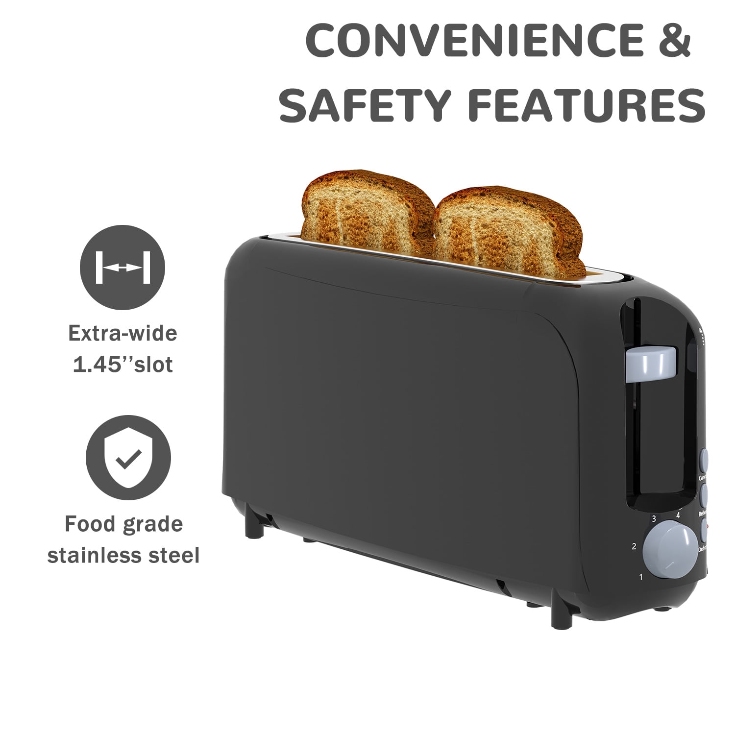 Slim 2-Slice Toaster, 10" Long Slot,6 Shade Settings with Cancel, Reheat & Defrost, Auto Shut off, Removable Crumb Tray，Black