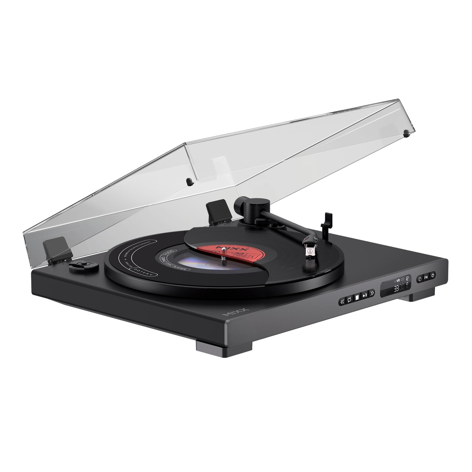 Mixx Analog Plus 2-in-1 Vinyl Record/CD Player with 2-Speed Belt-Drive Fully Automatic Turntable, Bluetooth/Aux Out, Track Display, Remote, Black