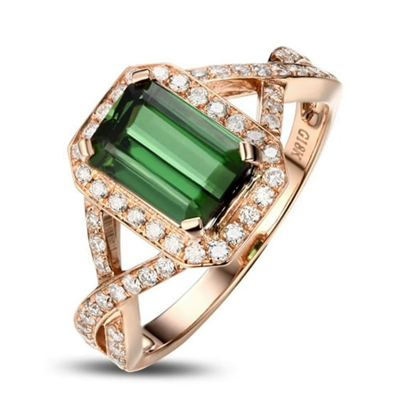 Halo Art Deco Infinity 2 Carat Green Emerald 7x5mm Emerald Cut And Moissanite Diamond Engagement Ring for Her in 10k Rose Gold