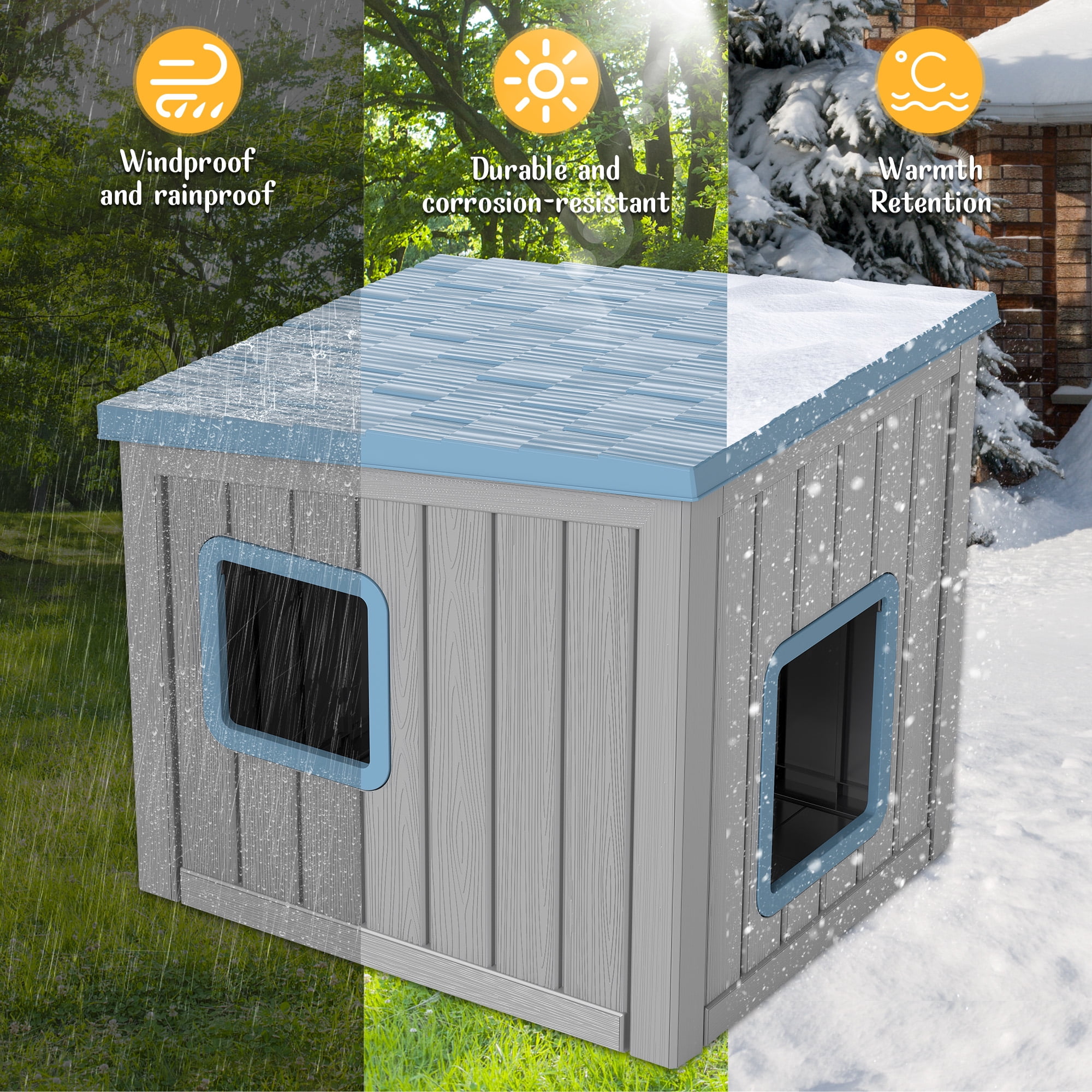 Bifanuo Outdoor Cat House, Weatherproof Shelter for Feral Cats & Kittens, Durable Insulated PP Shelter for Garden & Patio (Gray & Blue)