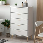 Dresser with 5 Drawers, Modern Wide Chest of Drawers, Tall Storage Chest, Nightstand for Bedroom, Closet, Entryway, White