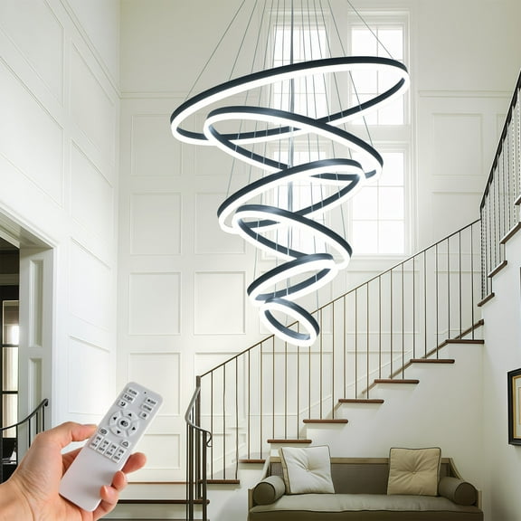 6 Ring Modern LED Chandelier,Black Large Foyer Chandeliers with Remote Control,Hanging Ceiling Light Circular Chandelier for Dinning Room Entryway