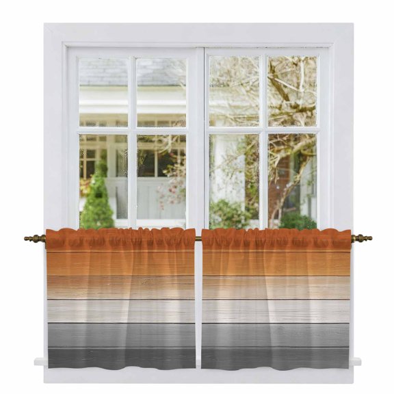 Orange Gray Tier Curtains, Farmhouse Retro Gradient Wooden Grain Light Filtering Kitchen Curtains, 2Pcs Rod Pocket Half Window Treatments Panels for Sink Cafe Cabinet Camper 27.5x24 Inches