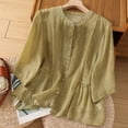 thumbnail image 2 of MIXUE Womens Summer Tops Solid Color Round Neck Botton Long Sleeve Retro Loose Tee Shirts Activewear,Green,M, 2 of 9