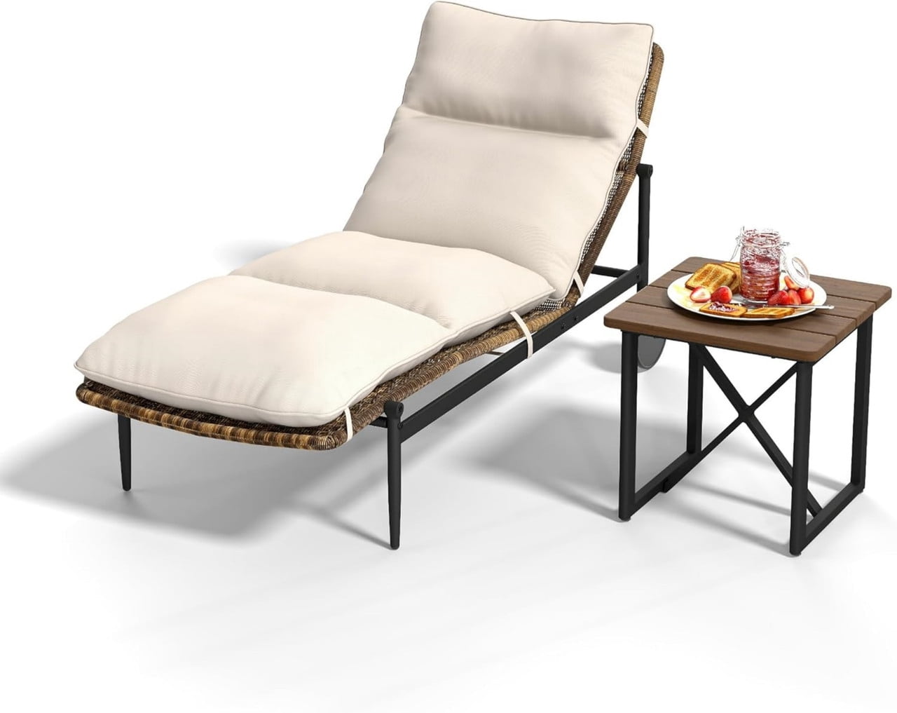 2-Piece Patio Chaise Lounge Set, Single Wicker Outdoor Lounge Chairs with Side Table, Outdoor Conversation Set for Pool Deck