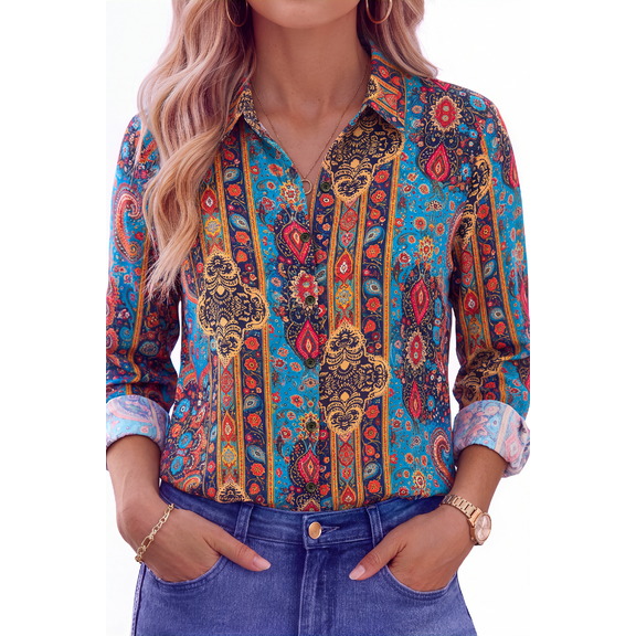 Fantaslook Womens Button Down Shirts Boho Floral Printed Long Sleeve Blouses Business Work Shirt Dressy Casual Loose Tops
