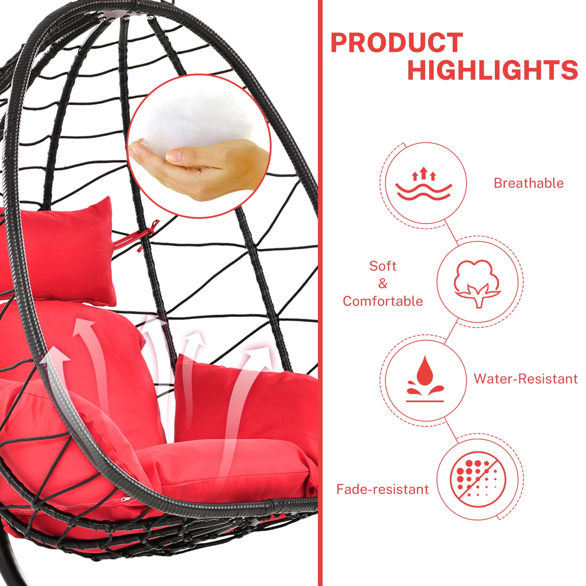 Hanging Hammock Chair, Wicker Egg Chair with Comfortable Seat and Back Cushion, 350LBS Capacity Egg Chair w/Stand, Durable All-Weather UV Rattan Lounge Chair for Patio, Deck, Yard, Garden, Red, SS1955