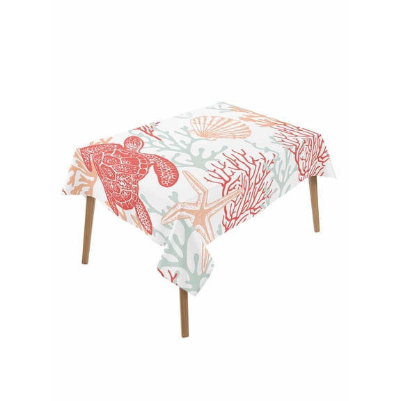 Red Orange Coastal Rectangle Tablecloth, Sea Turtle Nautical Coral Summer Beach Waterproof & StainResistant Tablecloth, Washable Oil-proof Table Cover for Dining/Party/Wedding/Camping/Buffet 52x70 In