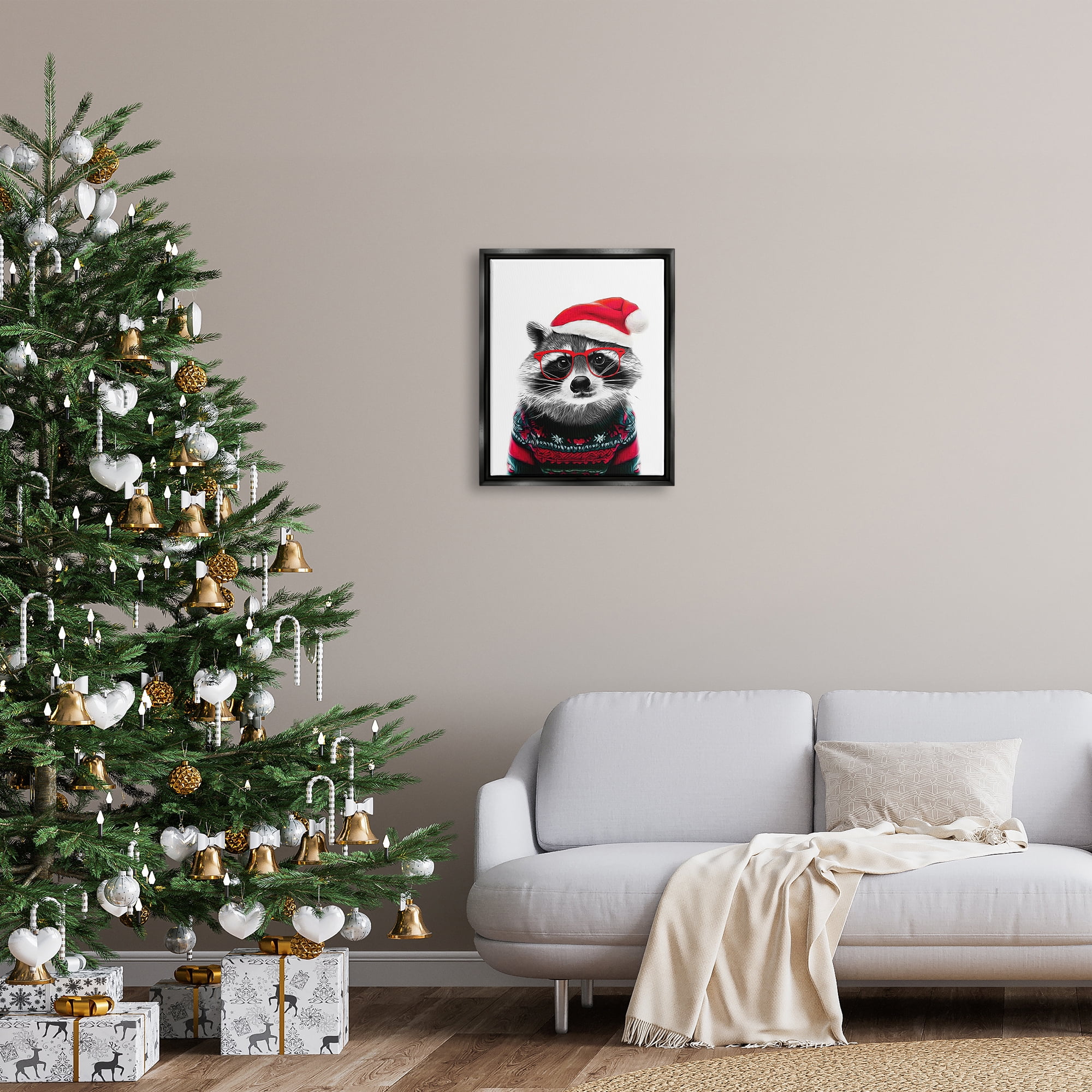 Stupell Industries Raccoon in Holiday Sweater Holiday Painting Black Floater Framed Canvas Art Print Wall Art, 17 x 21