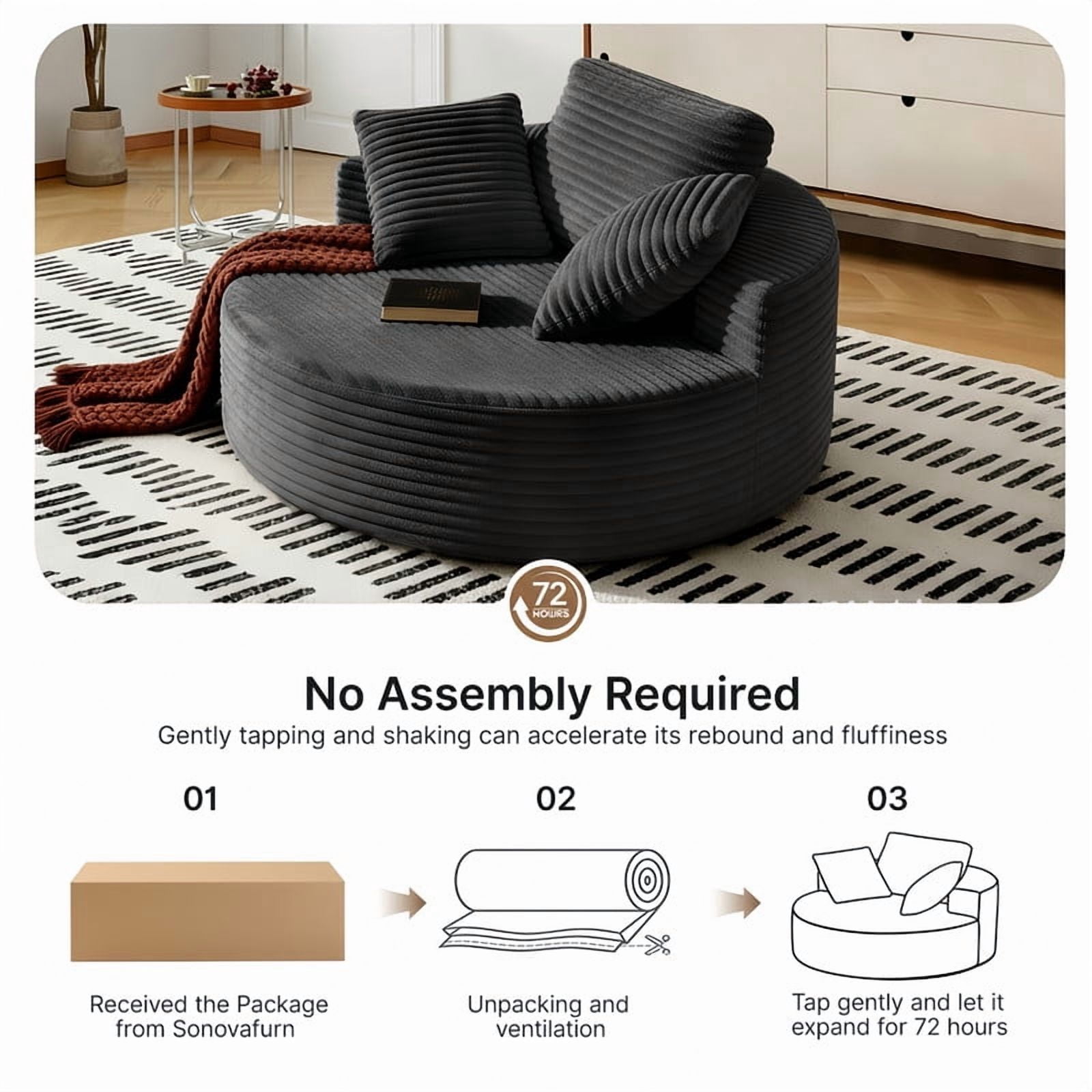 55''W Oversized Indoor Round Reading Armchair, Corduroy Upholstered Chaise Lounge, Single Lazy Sofa Chair