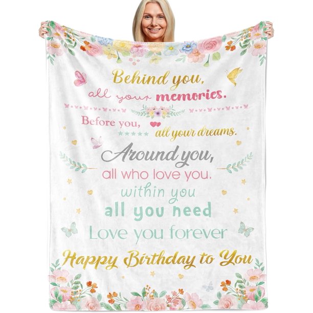 LHSHID Birthday Gifts for Women Girls Cozy Happy Birthday Pink Floral Throw Blanket Gift for Her Best Birthday Gift Ideas for Wife Female Friends Daughter Mom Granddaughter Bday Present 60"x80"