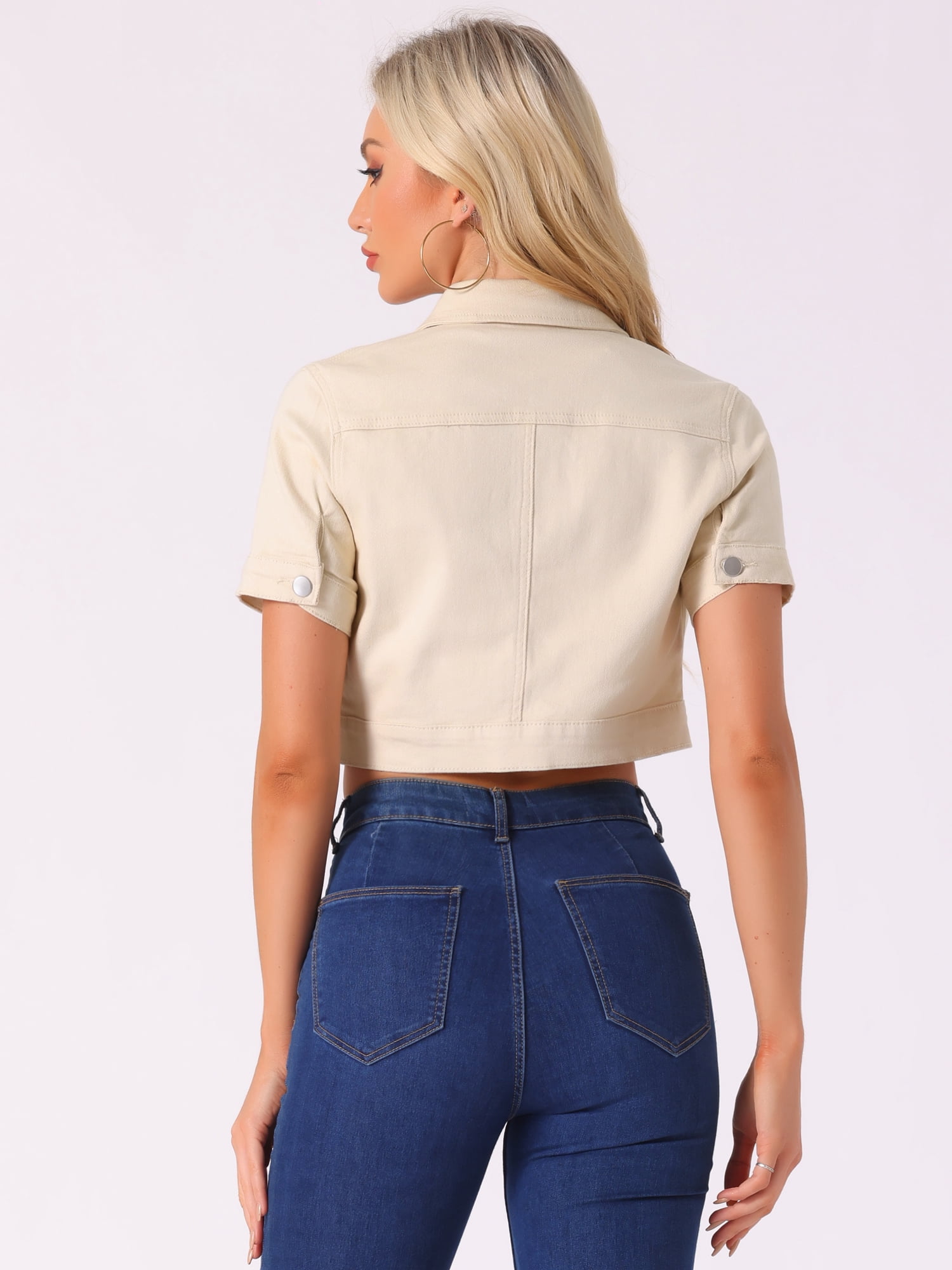 DARING DIVA Women's Short Sleeves Crop Button Down Denim Jacket M Apricot