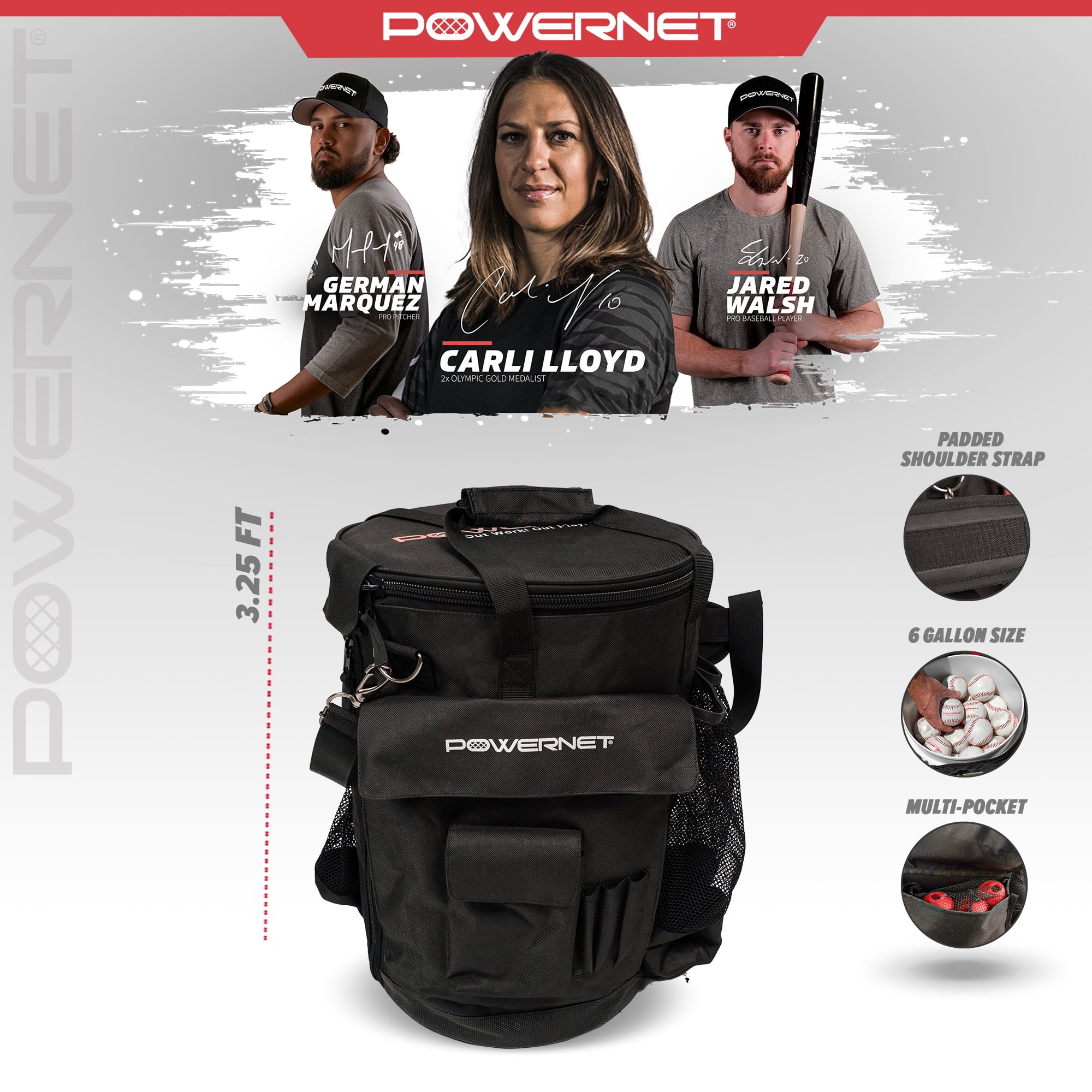 PowerNet Shoulder Bucket Caddy, Ball Bucket Bag with Padded Shoulder Strap & Pocket Organizer, Carry or Store Softball & Baseball Gear (Shoulder Bag)