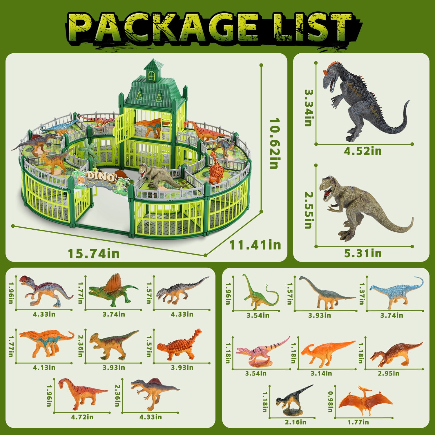 JoyStone 215PCS Dinosaur Figures Playset with Lights & Music, Dinosaur Park Toy Set with Arena, 18 Dinosaurs & Trees, Green