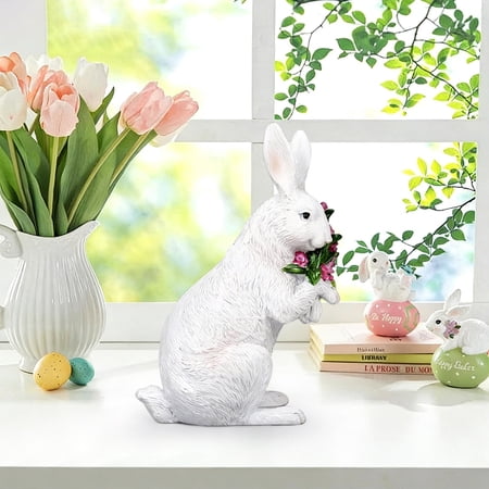 Cute Easter Bunny Resin Figurine Rabbit Statue for Living Room Entryway Decor Spring Ornament for Bedroom Table Display