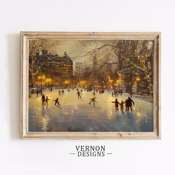 Ice Skating Families Under Lights, Holiday Festive Wall Art, Winter Cozy Scene, Charming Vintage Decor Wall Art, Modern Wall Decor, 8x12 UNFRAMED