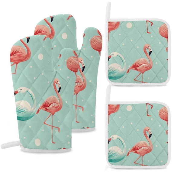 Flamingo Heat Resistant Microwave Oven Gloves Set for BBQ Baking Grilling,Baking Gifts Cooks for Women,Housewarming Gifts for New Home