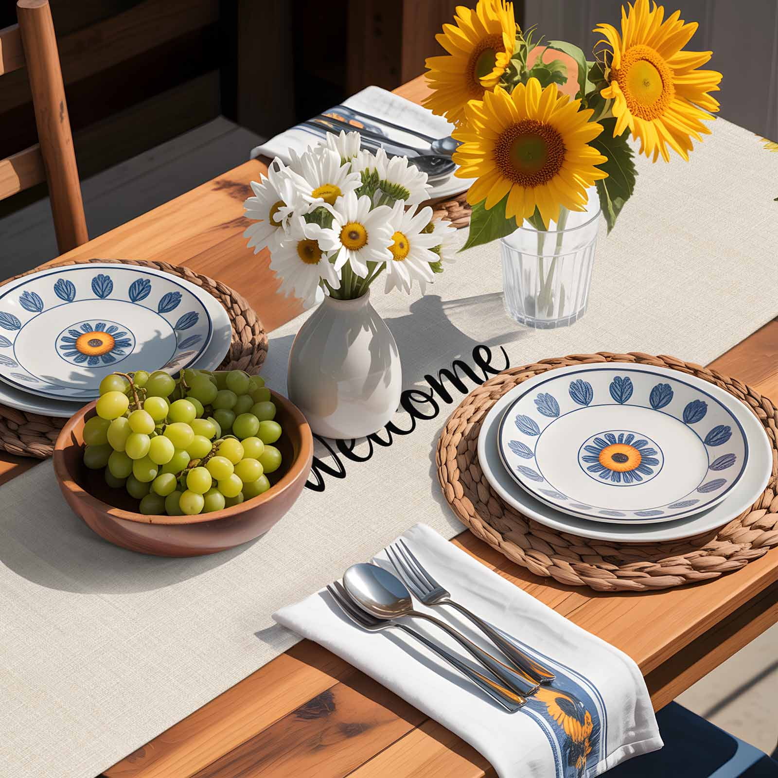 Vintage Sunflower Butterfly on Linen Table Runner 90 Inches Long, Welcome Seasonal Floral Bow Table Runners Tabletop Scarf Kitchen Dining Tables Decoration for Home Party Indoor Outdoor