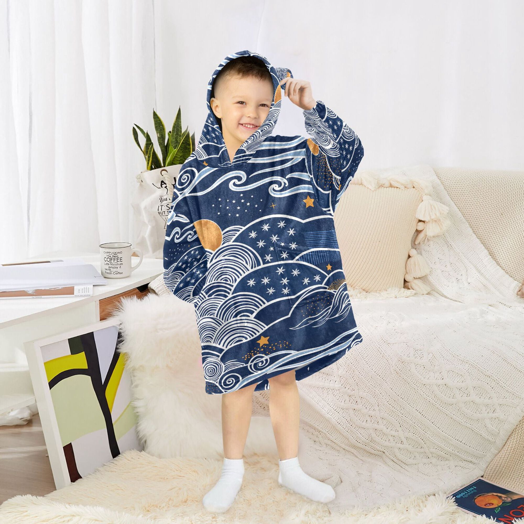 FORMRS Wearable Blanket Hoodie with Sleeves for Kids Cozy Flannel Sweatshirt, Blue Night Sky