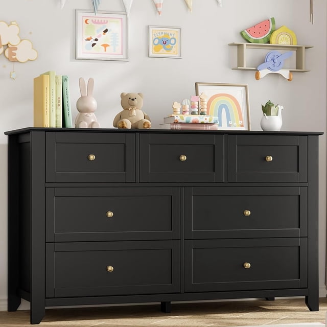 QinaQin Seven-Drawer Wardrobe Is a Modern, Minimalist Wooden Storage Unit with Gold Handles. It Boasts a Large Capacity and Is Suitable for Use In Closets, Hallways, Living Rooms, and Entryways