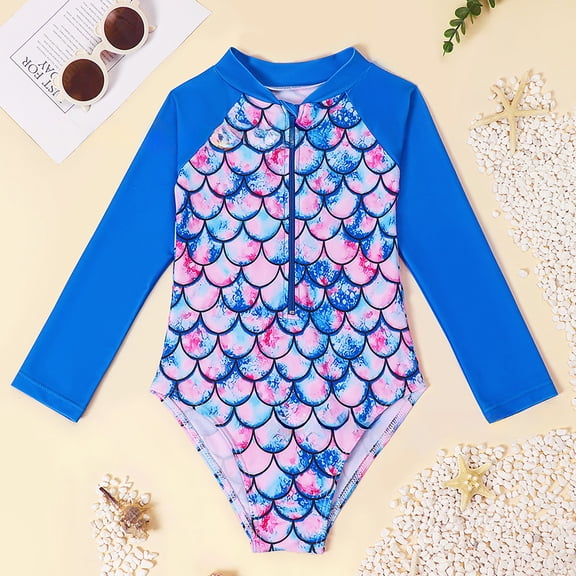 TrendOFT Beach Wear Girls One Piece Swimsuits Mermaid Tie Dye Long Sleeve Sun Protection Surfing Quick Dry For Toddler Kids Wear Girls Bathing Suit
