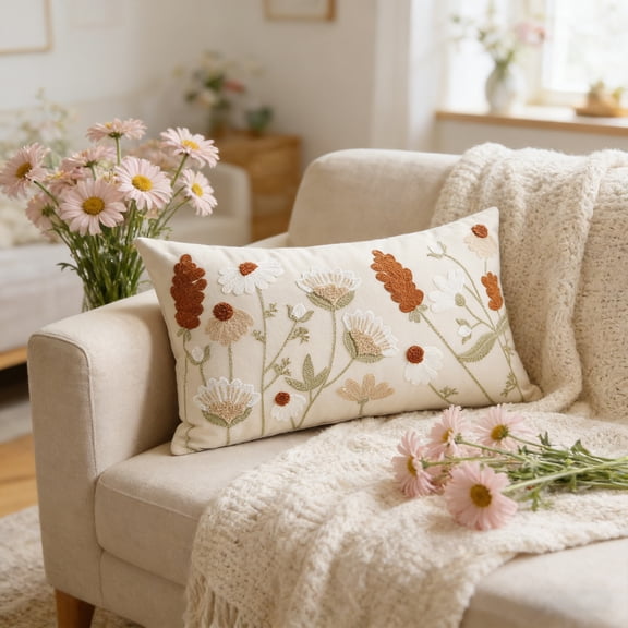 Gumesh 20x12in Spring Floral Embroidered Pillowcase, Cotton Decorative Pillow Cover for Bedroom Couch - Envelope Closure