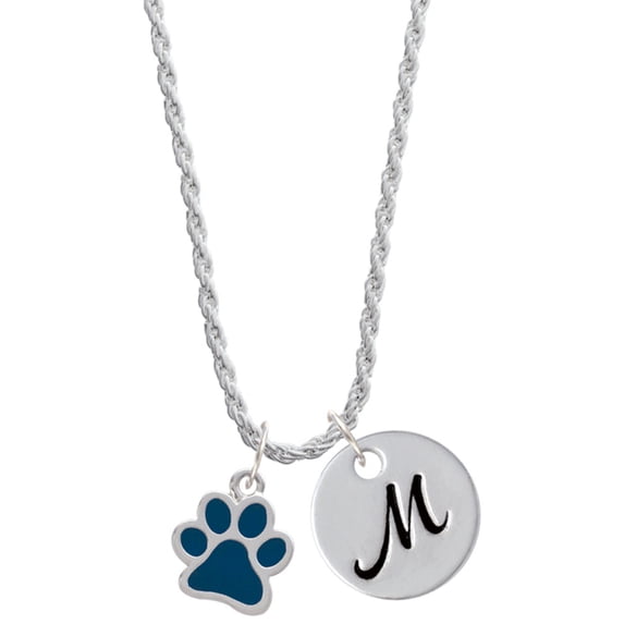 Delight Jewelry Silvertone Medium Translucent Navy Paw Silvertone Script Initial Disc - M - Charm Necklace, 20"+3"