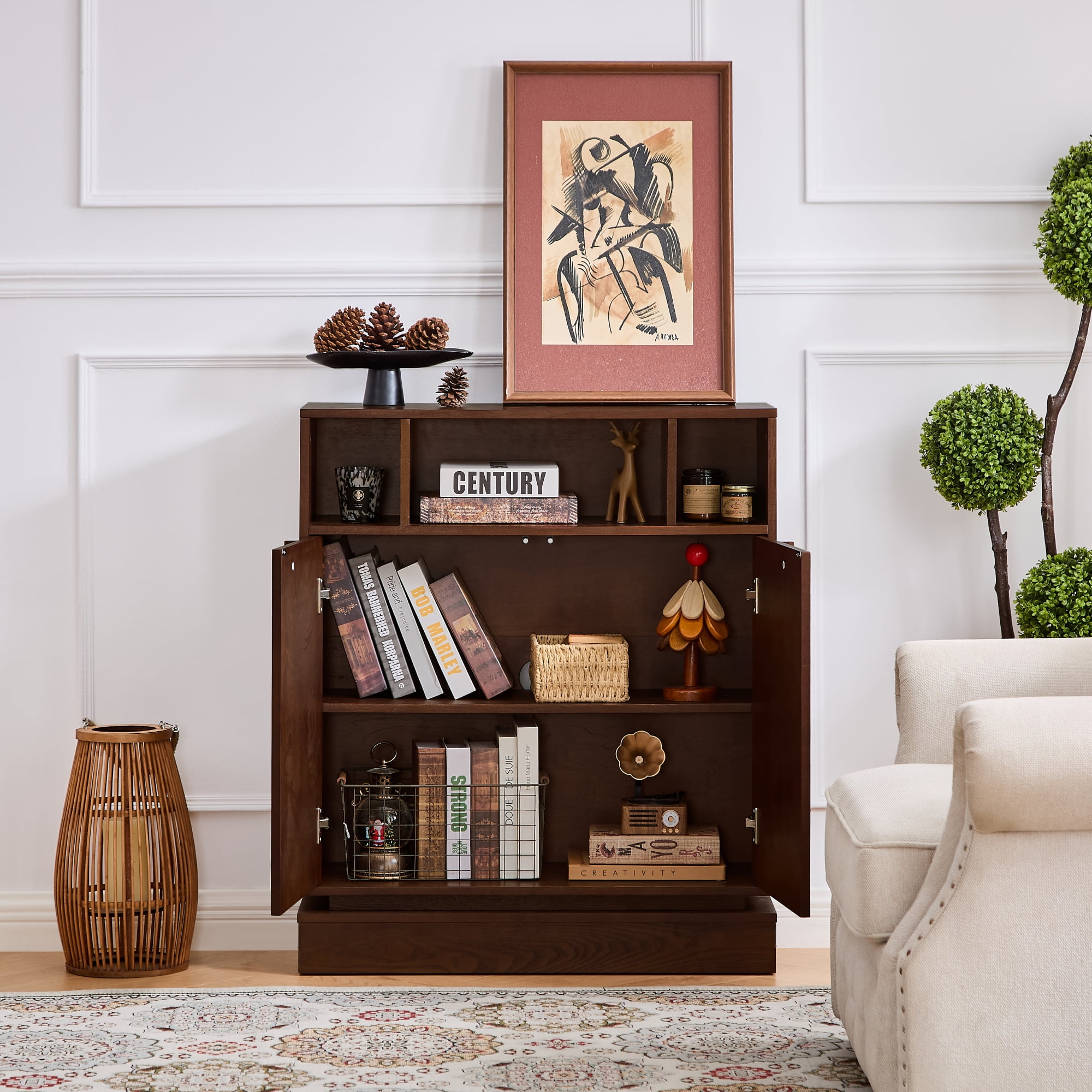 Leumius Sideboard Buffet Cabinet with Storage, Farmhouse Fluted Sideboard with 2 Doors & Adjustable Shelf, TV Media Console, Storage Cabinet for Entryway Hallway Kitchen Dining Living Room,Walnut