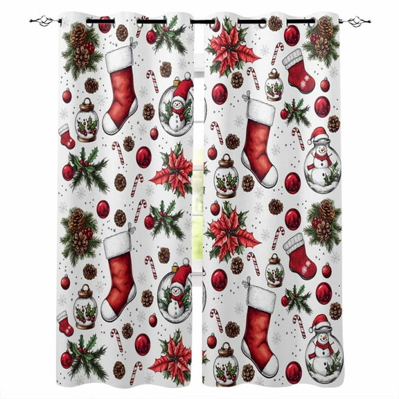 Hokiten Christmas Blackout Curtains | Light Blocking Print Window Curtains, Xmas Snowman Tree Snowflake Balls Thermal Insulated Window Drapes for Living Room Kitchen Cafe (2 Panels, 84"W x 63"L)