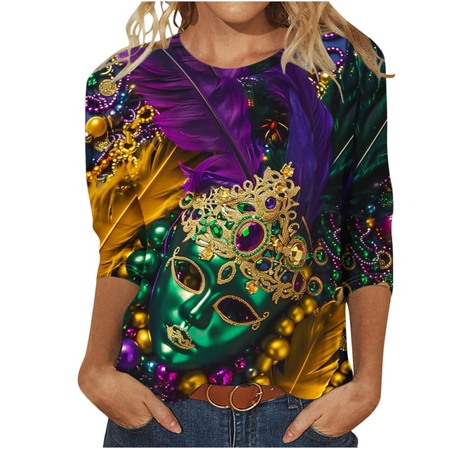 Penkiiy Blouse Carnaval pour Femmes Mardi Gras Mode Imprimée Décontractée Col Rond Manches 3/4 T-shirt Blouse m Multicolore