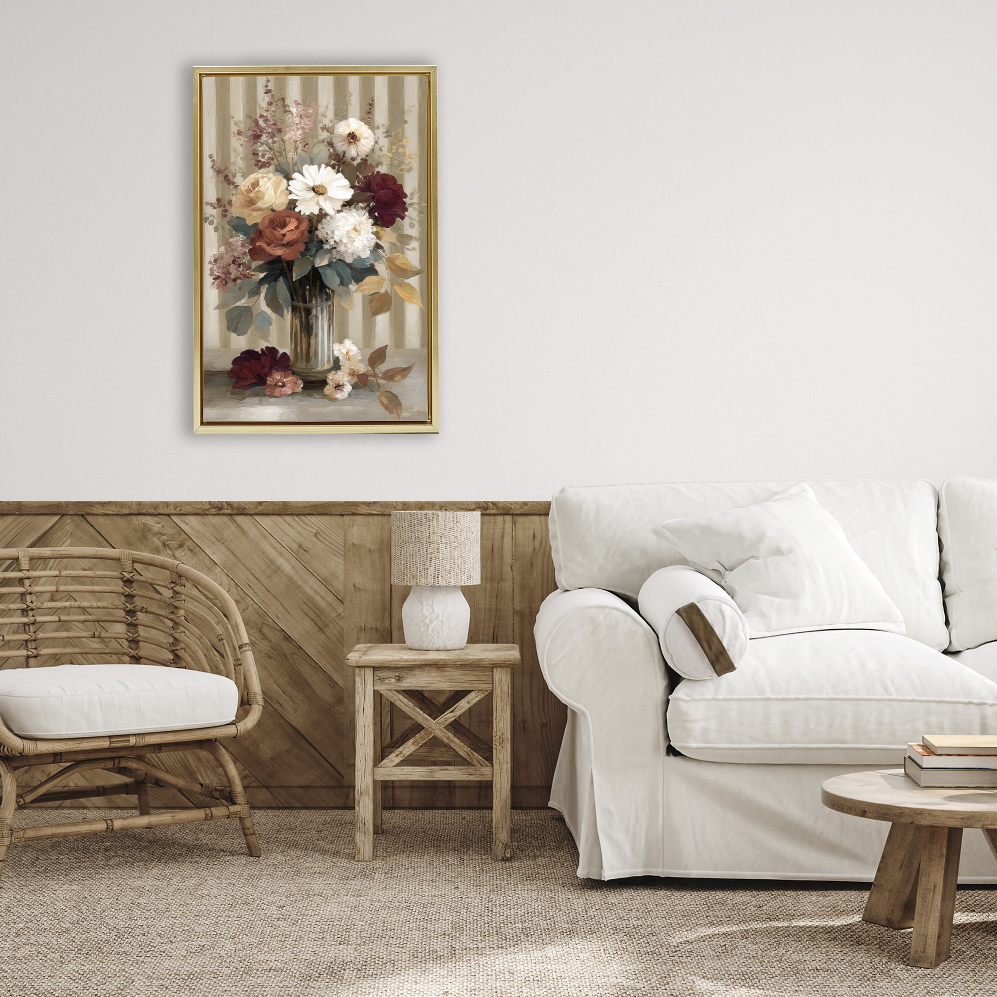 Stupell Industries Vintage Arrangement with Stripes Gold Framed Floater Canvas Wall Art, design by Petal Prints Design