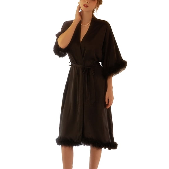 SWSMCLT Women's Summer Robe Soft Pjs Satin Luxury Spring Cool Pajamas Bridesmaid Bride Feather Thin V Neck Black Medium