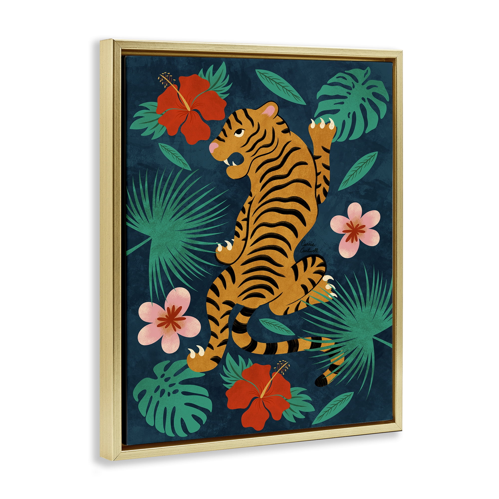 Stupell Industries Climbing Tiger Tropics Animals Painting Gold Floater Framed Canvas Art Print Wall Art, 17 x 21