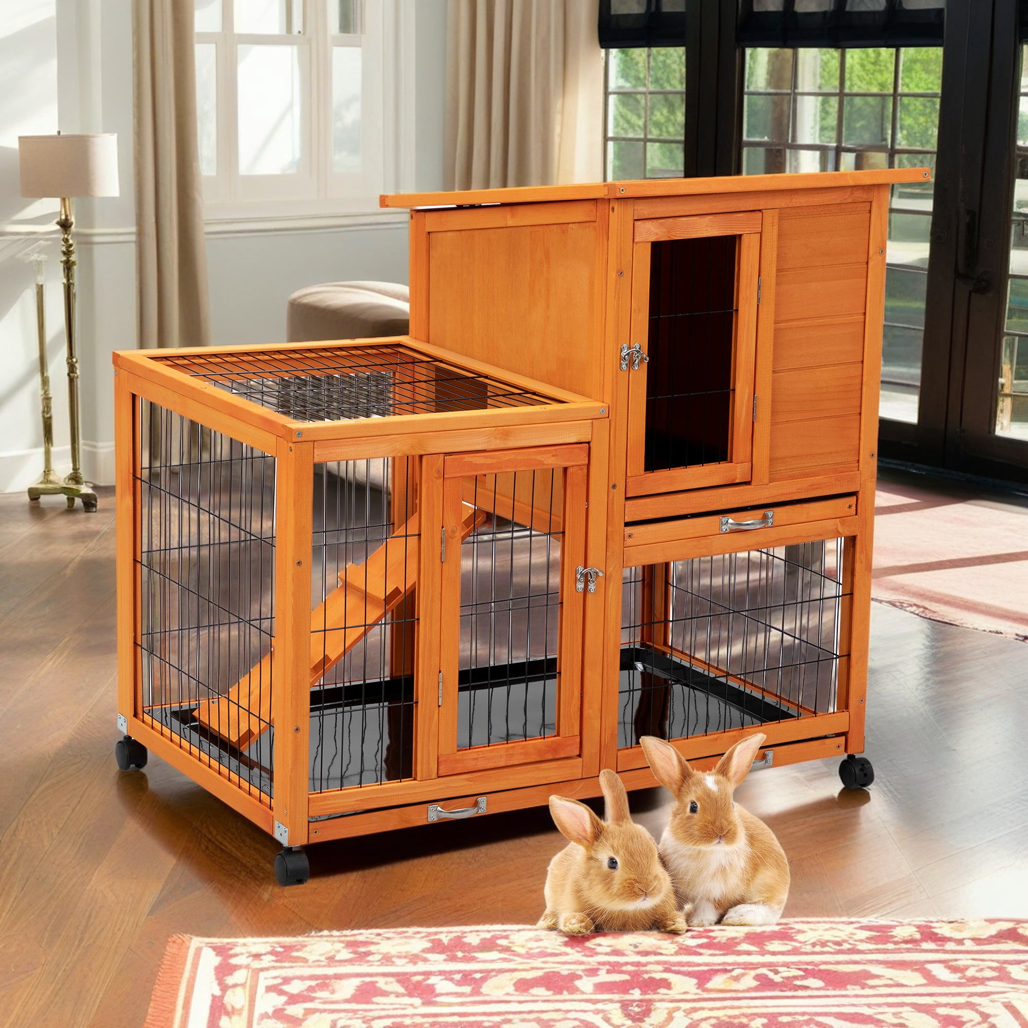 Pefilos 39" Waterproof Chicken Coop for Outdoor, Indoor Rabbit Hutch, Wood Hen House with Rolling Casters, Removable Tray, Orange