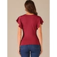 thumbnail image 3 of DARING DIVA Women's V Neck Cinched Waist Ruffle Sleeve Ruched Top M Dark Red, 3 of 6