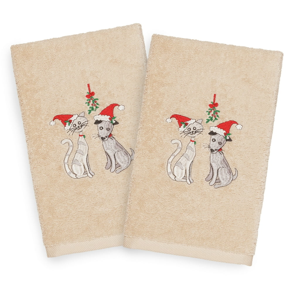 Linum Home Christmas Cat and Dog Embroidered Beige Turkish Cotton Hand