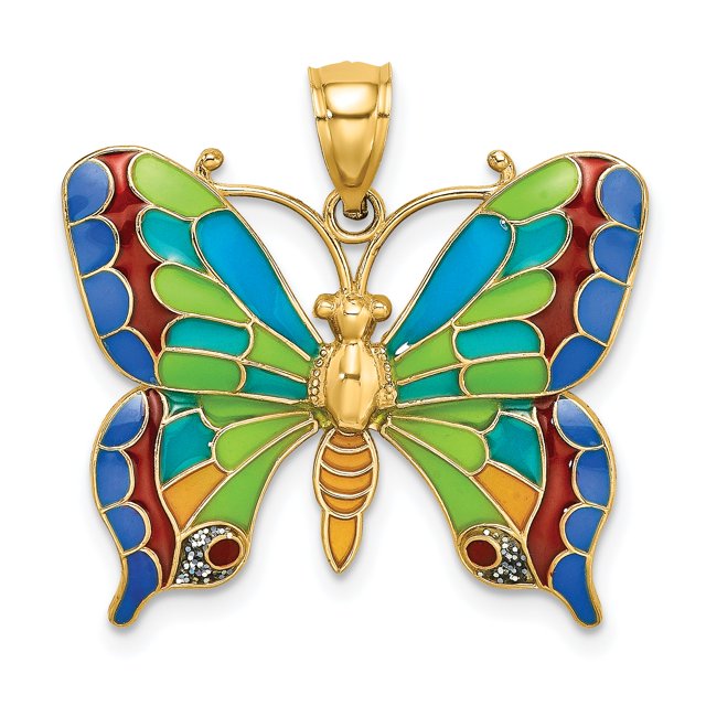 14K Yellow Gold Open Back Solid Polished Finish Enameled Butterfly Charm Pendant